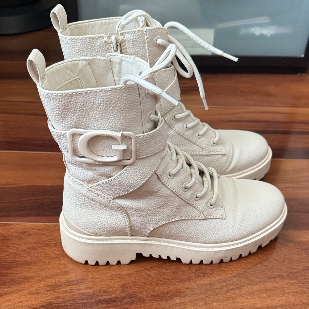 Guess Cream Combat Boots with Logo Detail